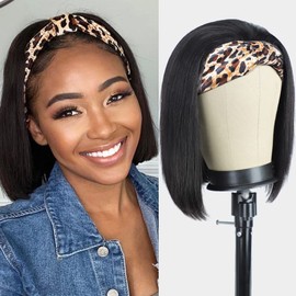 AISI Headband Wigs Human Hair Bob Headband Wigs for Black Women Easy Put On and Go Glueless Wig Short Straight Wigs Machine Made 150% Density No Lace Wig Natural Color(10 Inch)