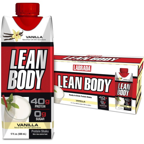 Lean Body Ready-to-Drink Vanilla Protein Shake, 40g Protein, Whey Blend, 0 Sugar, Gluten Free, 22 Vitamins & Minerals, 17 Fl Oz (Pack of 12) LABRADA