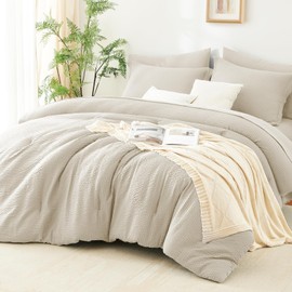 CozyLux Queen Comforter Set - 7 Pieces Seersucker Bed in a Bag, Soft Lightweight Boho Bedding Set with All Season Comforters Queen Size, Sheets, Pillowcases & Shams, Beige Queen