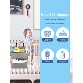 KIKJOK Hanging Diaper Organizer for Crib/Playpen/Bassinet – Hold 80+ Diapers - 4 Deep Pockets-H19in x L15 in Changing Table Diaper Holder - Hanging Diaper Stacker Nursery Caddy Organizer - Grey