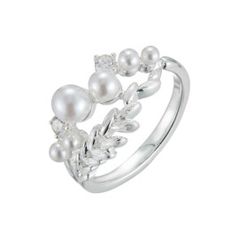 Kokoma Pearl Wheat Statement Ring for Women, Silver Plated Adjustable Open Band Crystal Leaf Promise Stacking Engagement Rings Band Wedding Jewelry