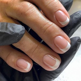 White French Tip Press on Nails Short Square Fake Nails Nude Pink Glossy Design Cute False Nails Stick on Nails Full Cover Acrylic False Nails for Women Girls DIY Manicure Decoration 24pcs