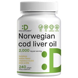 Wild Caught Cod Liver Oil 2,000mg Per Serving, 240 Softgels – Extra Strength EPA DHA Omega 3 with Vitamin D & A – Burpless, Lemon Flavored – Vision, Heart, Brain, & Immune Support