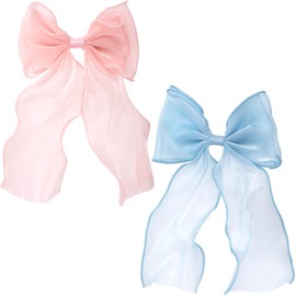 STSTR 2Pcs Large Hair Bow Clips, Pink Blue Silk Yarn Ribbon Bow Hair Barrette for Women, Elegant Long Tail Bowknot French Hairstyles Accessories for Wedding, Parties, Festivals