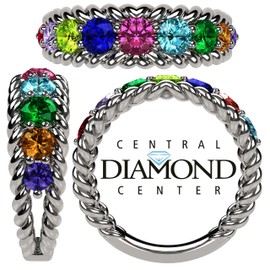Central Diamond Center Rope Mothers Ring 1 to 10 Simulated Birthstones - Sterling Silver - Platinum Plated - Size 8.5