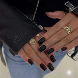 Boloshine 24Pcs French False Nails, Short Square Press on Nails with Gel Stickers, Removable Acrylic Stick On Nails French Tip Nails, Natural Glue on Nails for Women Girls Nail Art (Midnight Black)