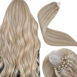 LaaVoo Micro Beads Ring Hair Extensions Dark Blonde Highlight Platinum Blonde Micro Loop Hair Extensions 14 Inch 50 Strands 50g Remy Straight Real Human Hair Extensions #18/613