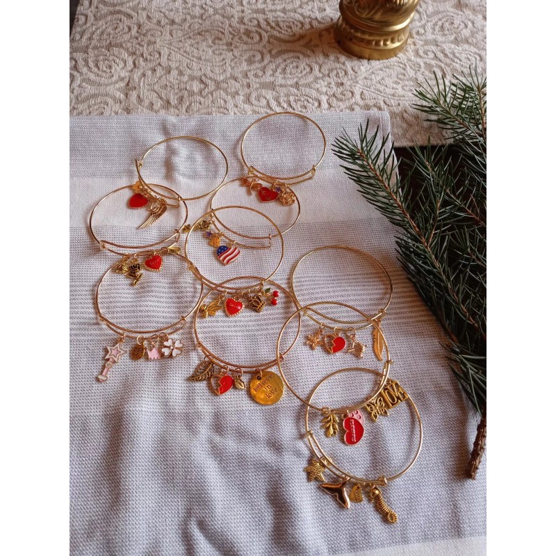 For Women Handmade bracelet bangle with 4 Charms . Gold