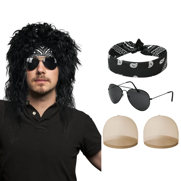 Aomig Rock Star Wig Set, 5pcs Mullet Fancy Dress Curly Wig 70s 80s Costume Accessories for Men Women, Long Hippie Wig with Bandana, Wig Cap, Sunglasses, Funky Afro Wig for 1980's Disco, Theme Party