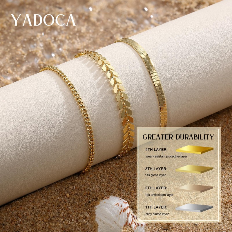 YADOCA 3Pcs Gold Anklets for Women, 14K Gold Ankle Bracelets