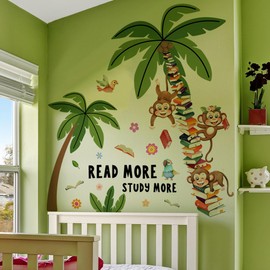 Book Tree Plants Monkey Wall Sticker, Cute Monkey Climbing on The Tree Wall Decal, Removable DIY Vinyl Mural Art Wallpaper Décor for Reading Room Kids Bedroom Nursery Classroom