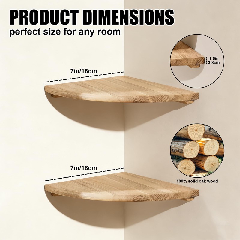 Plliocse Oak Corner Shelf Set of 2 Solid Floating Corner