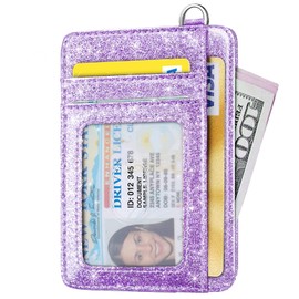 Slim Front Pocket Wallet RFID ID Card Holder Cute Small Wallet with Keychian for Women, Glitter Purple, Slim