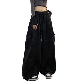 PEAINJ Baggy Cargo Pants for Women Men Y2k Wide Leg Sweatpants High Waisted Drawstring Pants Hip Hop Clothes Black-S