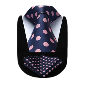 HISDERN Extra Long Polka Dots Tie Handkerchief Men's Necktie & Pocket Square Set , XL, 63 inches length, Pink / Navy Blue