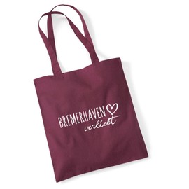 huuraa Jute Bag Bremerhaven in Love Cotton 10 Litres with Name of Your Favourite City in Bremen Gift Idea for Friends and Family, burgundy