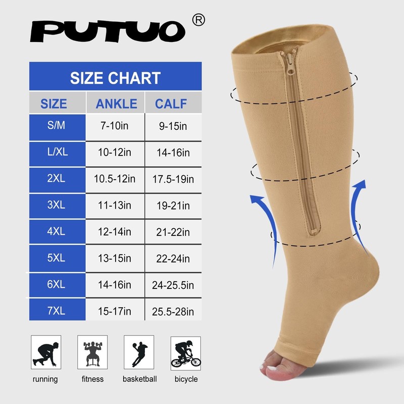 PUTUO Plus Size Compression Socks: Wide Calf Zip Flight Sock