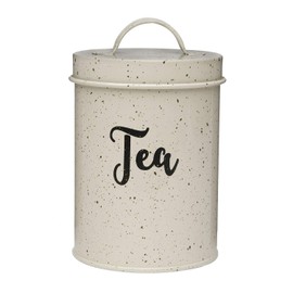 Amici Home Maddox Metal Tea Canister | Dry Food Storage Container | Speckled Cream Canister for Kitchen Countertop | Storage Jar for Tea with Handle | 44 Oz