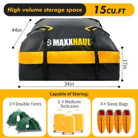 MaxxHaul Waterproof Car Roof Bag (15 Cubic Feet) – Universal Rooftop Cargo Carrier for All Cars/SUVs, Includes Anti-Slip Mat, 8 Straps, 6 Door Hooks & Luggage Lock - Lightweight & Heavy Duty