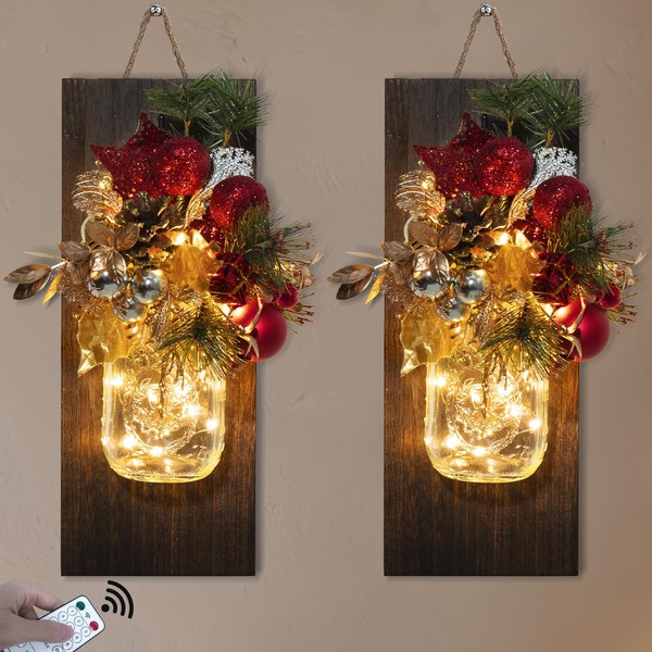 TqsMsp 2Pcs Christmas Mason Jar Wall Sconces, Handmade Rustic Wall