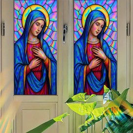Starlit Patio Virgin Mary Privacy Film Religious Stained Glass Style Static Cling No Glue Decorative Panel Light Filtering for Church Door Prayer Room Window 17.7x39.3 inch