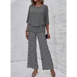 LOZ Women's 2 Piece Outfits Grey 3/4 Sleeve Double Layer Top and Striped Button Straight Leg Pants Lounge Set 2025 Trendy