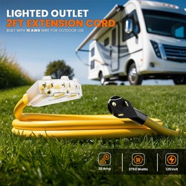 30 Amp to 110 Adapter L5-30P or TT-30P to LIT 3-Way Outlet Splitter by Journeyman Pro - 125 Volt, 30A to 15A-20A, 10AWG 3-Prong Locking Triple Tap 5-20R for RV Generators (TT-30P (2FT))