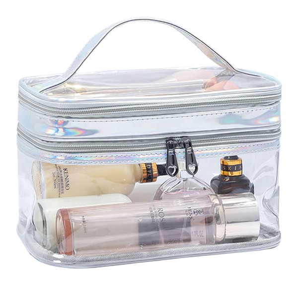 FIYUK Clear Cosmetic Bag Dual Layer Travel Toiletry Bags Make up Organizer Waterproof Brushes Holder