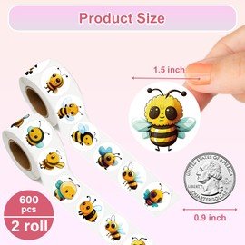UVUXO 600 Pcs Bee Stickers for Kids- 1.5 Inch Round Stickers Roll 16 Tyles Cute Bee Kindergarten Stickers Teacher Sticker for Kids Birthday Party School Reward Giveaways