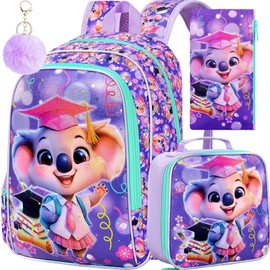 AGSDON 3PCS Kids Backpack, 16" Girl Backpacks for School Elementary with Lunch Box, Water Resistant Koala Bookbag for Preschool