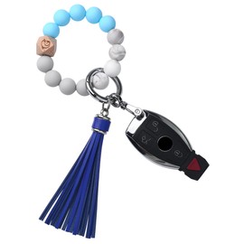 Tukellen Llavero de pulsera de silicona con llavero de coche, pulsera de cuentas para mujer, borla de cuero, Azul (Sky Blue), Sky Blue