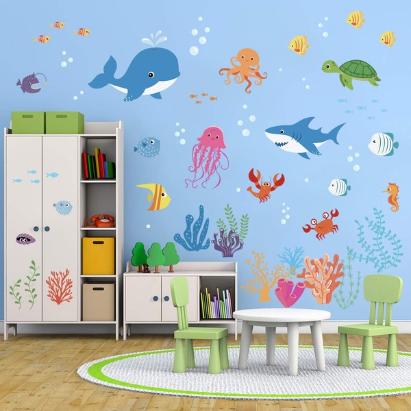 decalmile Under the Sea Wall Stickers for Children Sea Animals Dolphin Fish Wall Decoration for Children's Bedroom Baby Nursery Bathroom