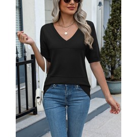 Zeagoo Womens 2025 Casual Short Sleeve Sweater V Neck Lightweight Crochet Pullover Summer Tops Work Shirts Black XL