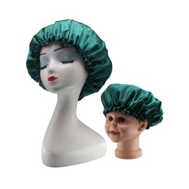 Sweet Easy set of 2 parent-child Satin Silk Hair Bonnet sleep night cap with elastic band for teens toddler（blaskish green)