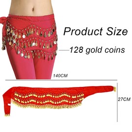 Belly Dance Hip Skirt Scarf Wrap Belt with 128 Dangling Gold Coins, Chiffon Belly Dancing Skirts Outfit Accessory for Women
