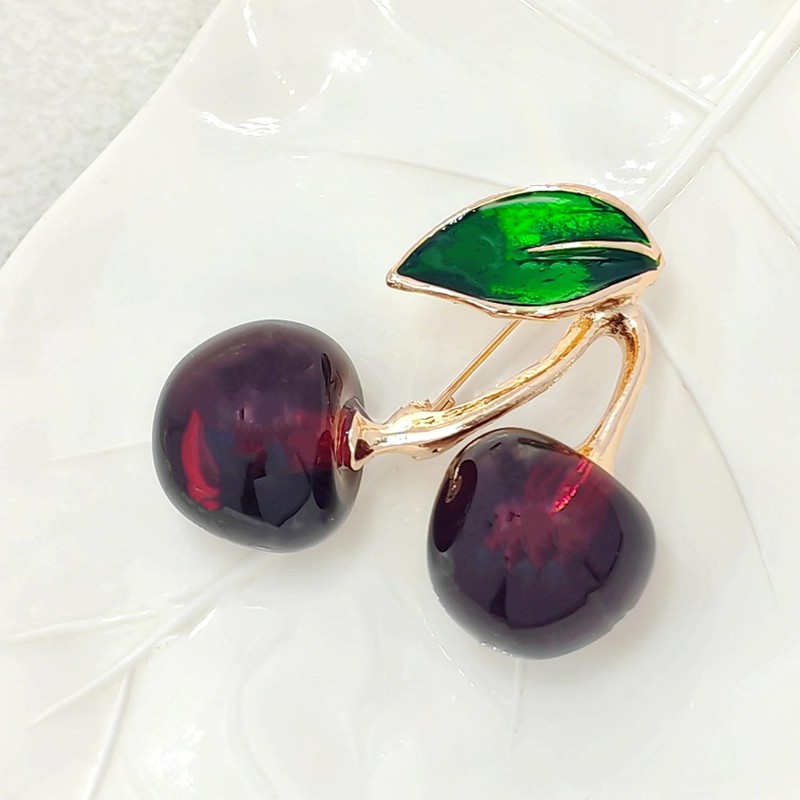 KINMOT Sweet Enamel Green Leaf Double Red Cherry Resin Brooch