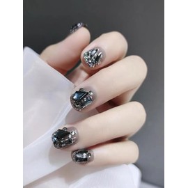 LIyun&Hang 3D Handmade Press on Nails Short Square Shapes 24Pcs Glossy Full Cover Artificial Fake Nails, Black Starlight Flash Rhinestone Design, Reusable Luxury jelly glue Stick On Nails(type-5)