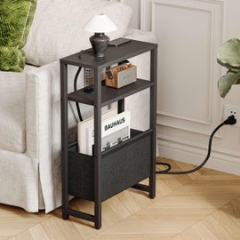IRCPEN Narrow Side Table with Charging Station, Slim End Table with Magazine Rack, Bedside Table for Small Spaces, 3 Tier Sofa Couch Table Nightstand for Living Room, Bedroom, Black LET503BE