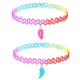 BodyJ4You 2PC Tattoo Choker Necklace - 90s Choker Necklace Women - 2000s Y2K Rainbow Choker - Blue Pink Unicorns Friendship Love Charms Pendants - Colorful Stretchy Elastic Necklace