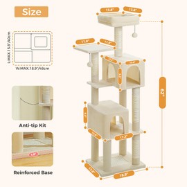 UYMI Cat Tree for Indoor Cats, 62" Multi-Level Cat Tower with 2 Spacious Condos, Scratching Pad, 4 Cat Scratching Posts, 2 Cat Perches, 2 Pompoms, Beige