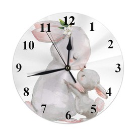Moslion Rabbit Clock Cute Animal Hare Mom with Little Bunny with Flower Leaves Round Wall Clock Silent Non Ticking Rustic Home Decor 10 Inch for Kitchen Bathroom Office Grey