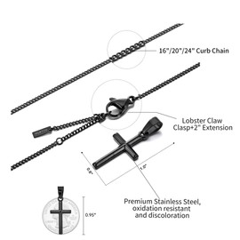murtoo Cross Necklace for Men, Stainless Steel Necklace for Men with Cross Pendant, Cross Mens Necklace Simple Jewelry Gift for Men Women, 2” Adjustable Curb Chain (24"+2", Black)