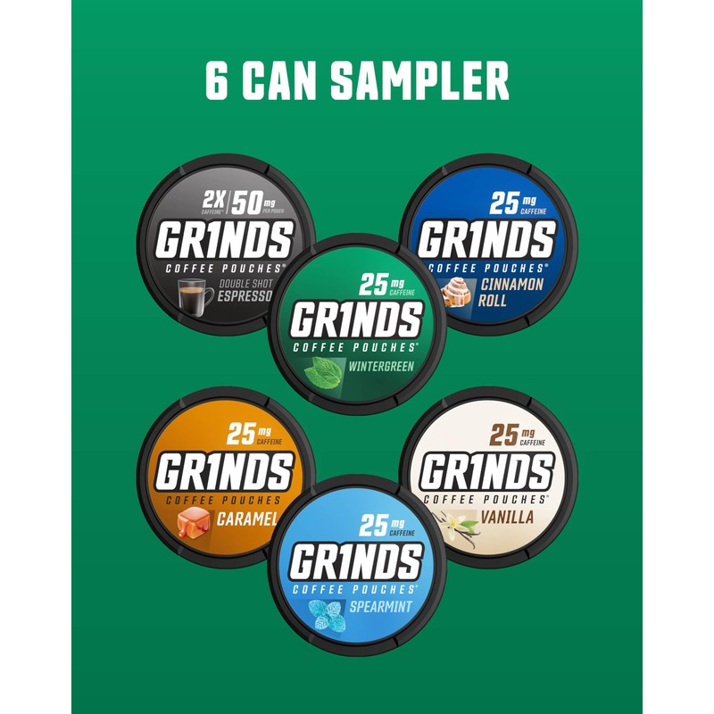 Grinds Coffee Pouches | 6 Can Sampler | Caramel, Espresso,