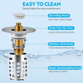 Bathroom Sink Drain Strainer, Pop Up Sink Drain Filter with Removable Stainless Steel Filter Basket Hair Catcher,for 1.25-1.5 Inch Bullet Core Push Type Basin Pop Up Drain Filter (1pack, Silvery)