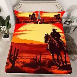 Retro Farmhouse Western Fitted Sheet Queen,Vintage Cowboy Horse Graffiti Bed Sheet 3 Pieces Fits Mattress,Watercolor Sunset Outdor Landscape Decor Fabric Bedding All-Round Elastic Pocket