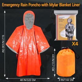 Blcculi 4 Pack Emergency Rain Poncho with Mylar Blanket Liner, Thermal Poncho Survival Blankets,Waterproof Emergency Thermal Blanket for Survival Gear,Camping,Hiking,Outdoor,Heavy Duty (Orange)