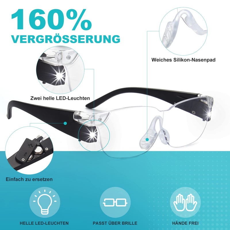SKYWAY 2 Pack 160% Lupenbrille mit LED Licht Lupe Brillen