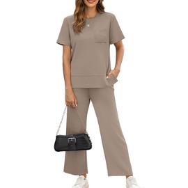 OFEEFAN Lounge Set for Women 2 Piece Summer Outfits Fashion Travel Short Sleeve Track Suit Wide Leg Loungewear Cropped Pants Matching Clothing Set Resort Wear Women's Beach Vacation Clothes Khaki L