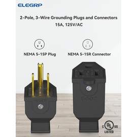 ELEGRP Extension Cord Ends Male and Female Replacement Plug and Connector Set, Straight Blade Plug and Connector,15A 125V, 2 Pole 3 Wire Grounding Plug, UL Listed, Black, 5 Sets