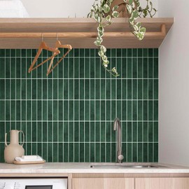 Commomy 10 Pcs Green Peel and Stick Tile Backsplash -11.8"X11.8" Matte Ultralight PVC Peel and Stick Wall Tiles Vintage Linear 3D Wall Panels for Kitchen,Bathroom,Renters,Interior Decorative Tiles